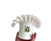 Fenton white milk glass SILVERCREST large top hat Hand Painted Violets in the snow