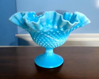 Fenton Blue Marble Hobnail pedestal bowl/blue slag glass bowl/ruffled bowl 9.5”