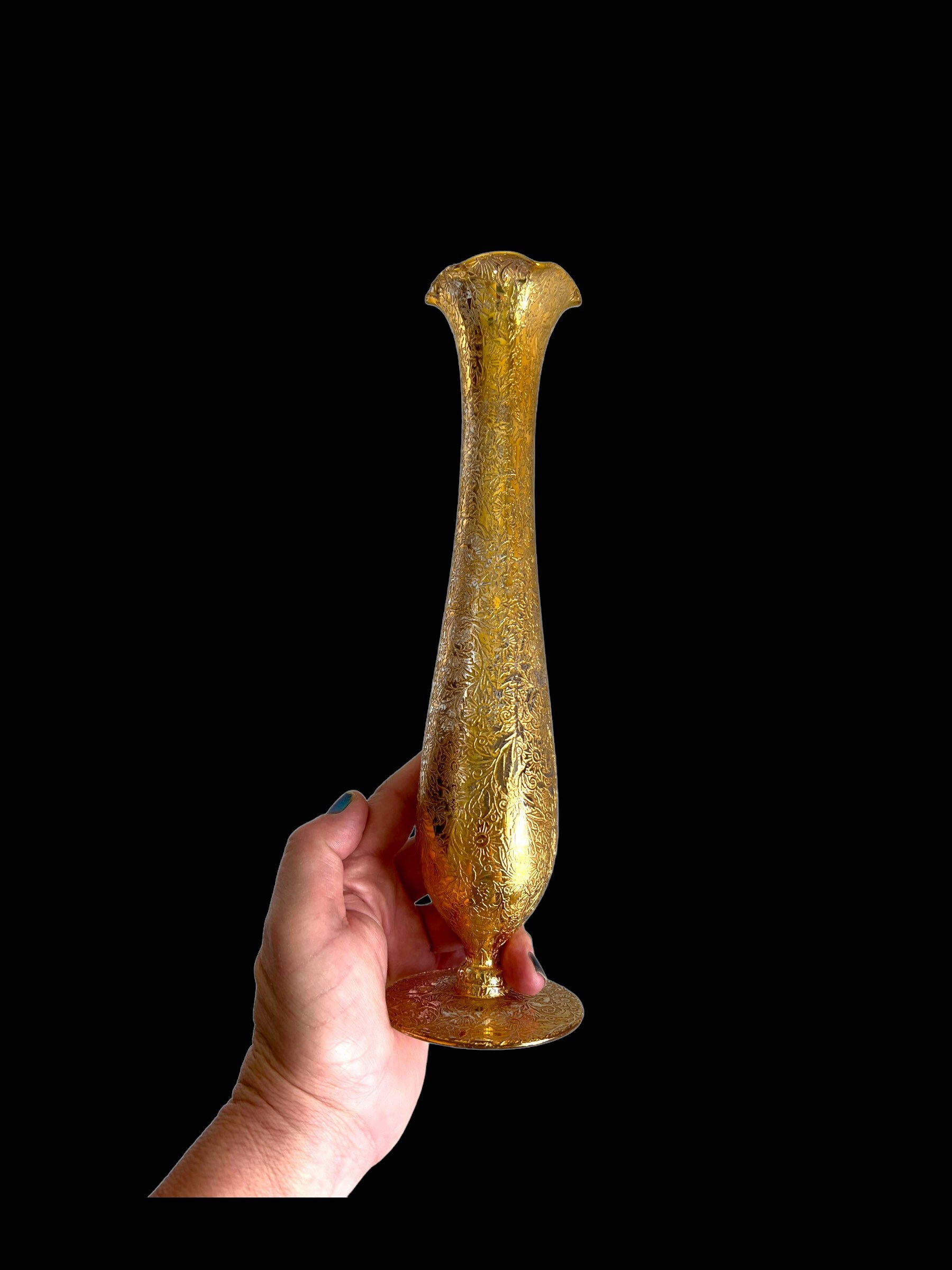 Vintage Hand Painted Glass Gold Vase/floral Design/ruffled Etsy