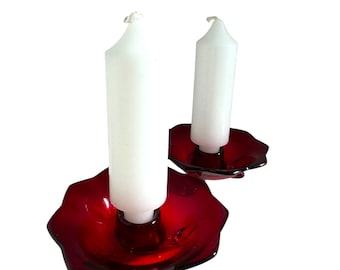 Vintage Fenton Ruby red  lotus flower candle holders/ taper candle holders/footed candle holders