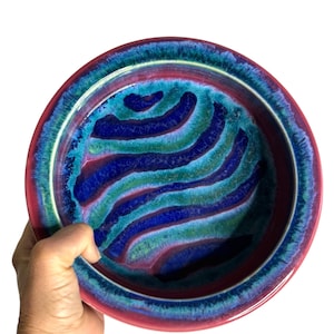 Artisan studio pottery catch all bowl/pink blue nature waves/Rocky Mann pottery Maine