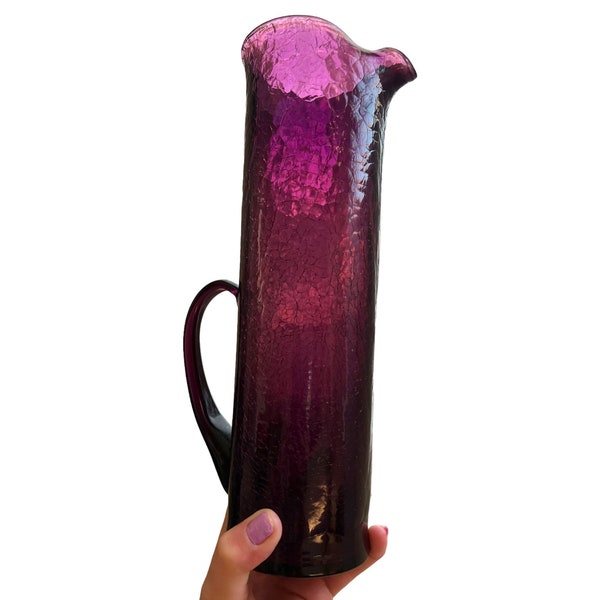 Vintage MCM amethyst  pitcher/decorative glass/vase/ alligator skin textured glass vase