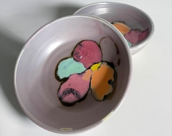 2 studio pottery lavender poppy flower bowls