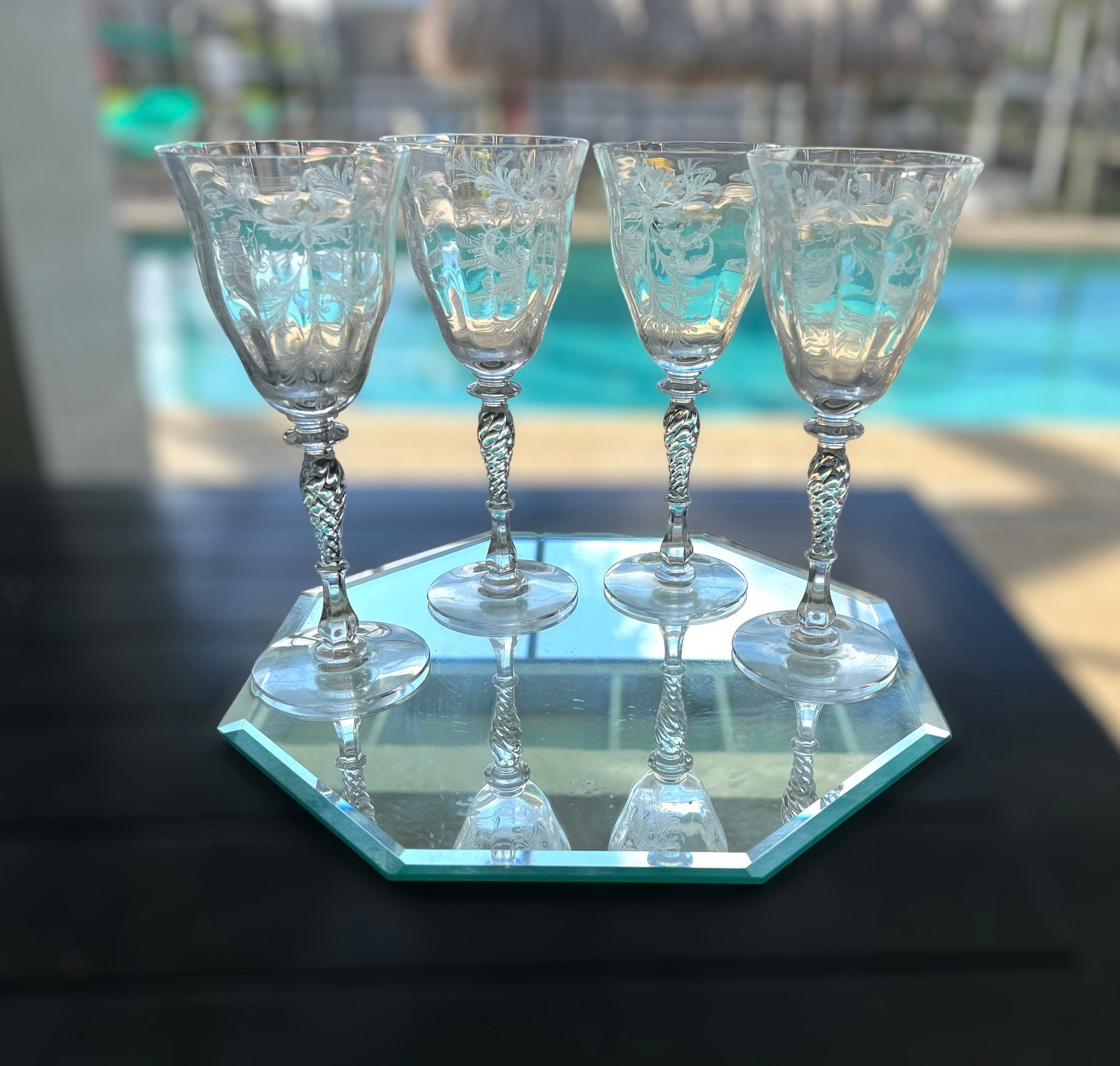Vintage Modern Clear Gilt Tiffin Glass Wine Glasses - Set of 6