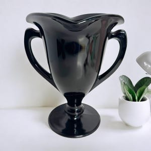 Vintage LE Smith black amethyst trophy vase, black art deco vase, black glass vase, handled vase