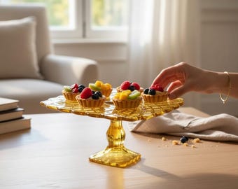 Vintage LE Smith Yellow Trellis Cake Stand, 8" Pedestal Dessert Display