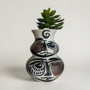 May include: A white ceramic vase with black and brown face designs and a green plant. The vase has a bulbous shape with two stacked sections. The faces have stylized features. The plant is a small, green succulent.