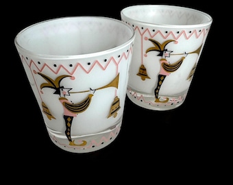 2 1950s retro  Jester Harlequin cocktail glasses, pink, gold black and white, whimsical barware, old fashioned glasses, rare