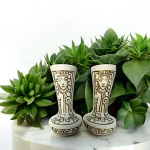 May include: Two off-white ceramic vases with brown tribal designs. The vases have a flared top, a rounded base, and a central figure design. The vases are displayed in front of green plants on a white marble surface.