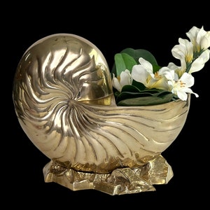 Large Vintage Modernist Brass Nautilus Sea Shell Sculpture, Vase, Wine, Lynx Hollow Antiques