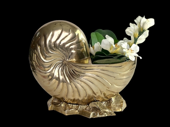 Vintage Solid and Heavy Brass Nautilus Shell/planter/bottle Holder