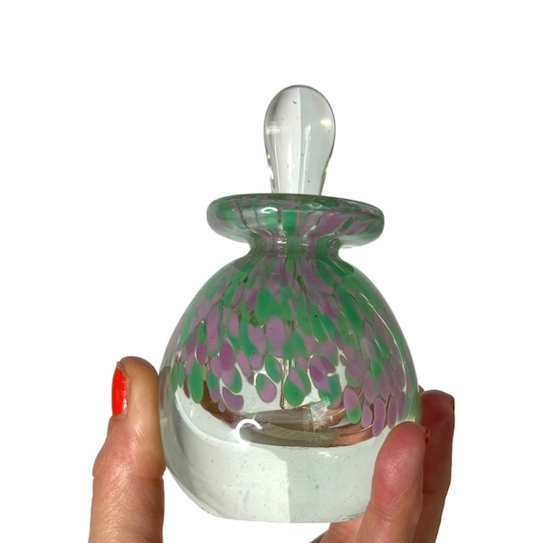 Hand blown Art Glass perfume bottle/ scent bottle/pink and greenconfetti design/ bathroom decor/vanity decor/signed and dated