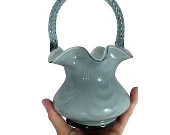Fenton Smokey gray cased glass drapery basket with twisted handle