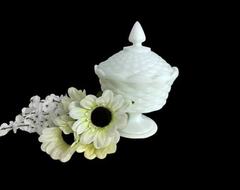Vintage White Milk Glass Diamond Pattern Pedestal Candy bowl/Fruit Bowl w/Lid 9" Tall