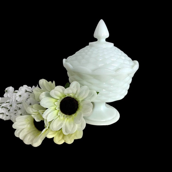 Vintage White Milk Glass Diamond Pattern Pedestal Candy bowl/Fruit Bowl w/Lid 9" Tall