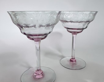 vintage Central Glass Works  Balda lavender stemmed champagne coupes/tall sherbet glass/elegant barware/etched glassware pair