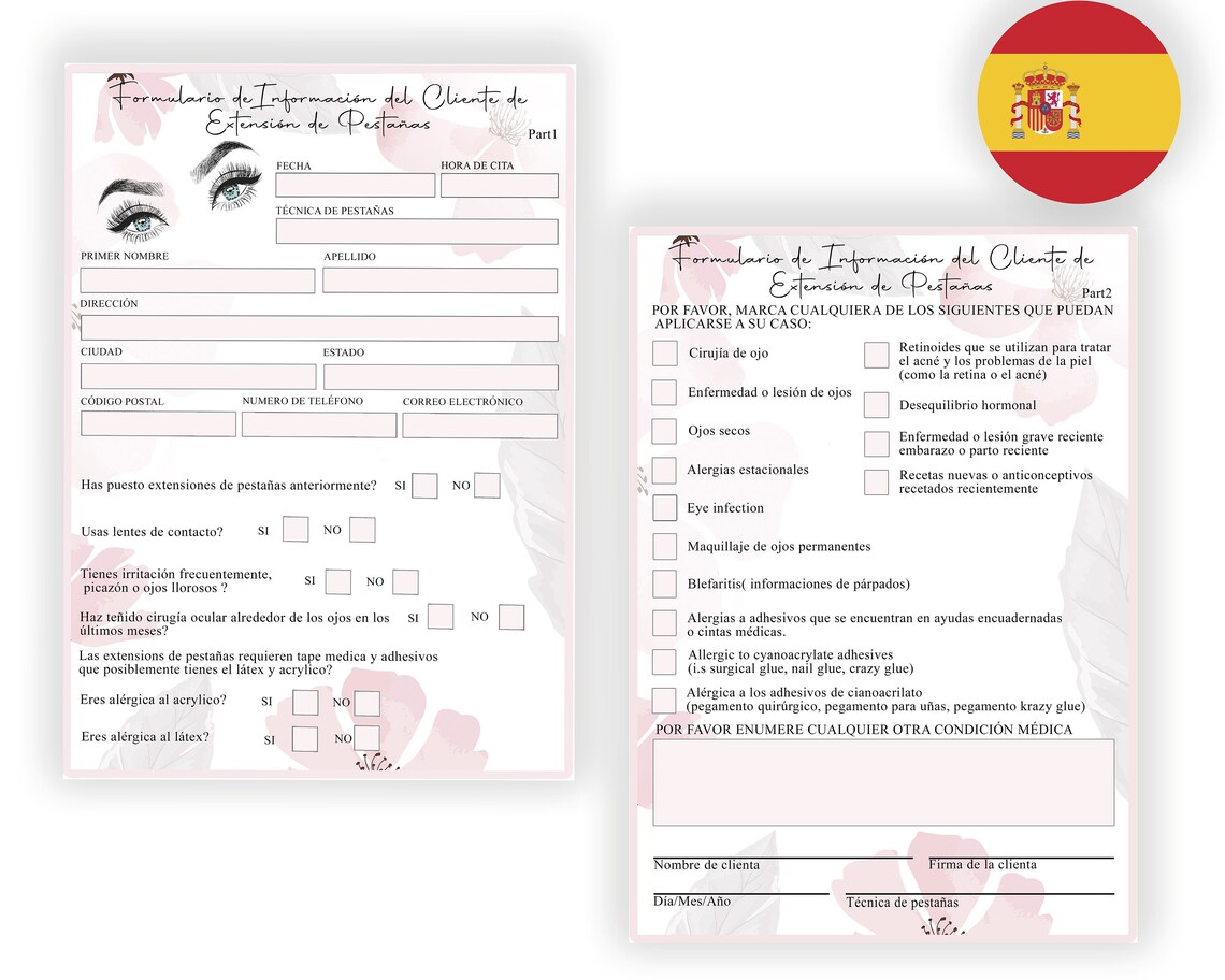 SPANISH ESPAÑOL Eyelash Extension Application Form Lash Etsy