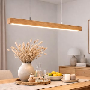 Adjustable Hanging Height – Up to 2 Meters (78") Drop Handmade Wooden Linear LED Pendant Light, Oak & Walnut Chandelier