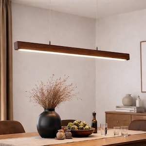 Modern Wood Linear LED Pendant Light - Adjustable Height Chandelier
