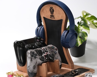 Support cadeau pour casque personnalisé en bois et cuir, organisateur de jeu