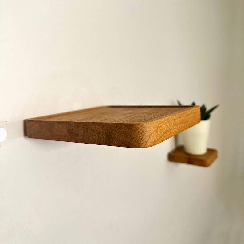 May include: Two wooden wall shelves with rounded edges. The top shelf is empty and the bottom shelf has a small potted plant.