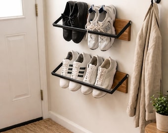 Wall Mounted Shoe Rack, Industrial Shoe Organizer, Wooden Metal Shoe Holder, Entryway Shoe Storage, Space Saving Shoe Shelf,