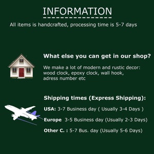Puede incluir: Un gr&aacute;fico verde oscuro con texto blanco que dice "INFORMATION". El texto de abajo indica que todos los art&iacute;culos est&aacute;n hechos a mano y el tiempo de procesamiento es de 5 a 7 d&iacute;as. Texto adicional describe la decoraci&oacute;n de la tienda.