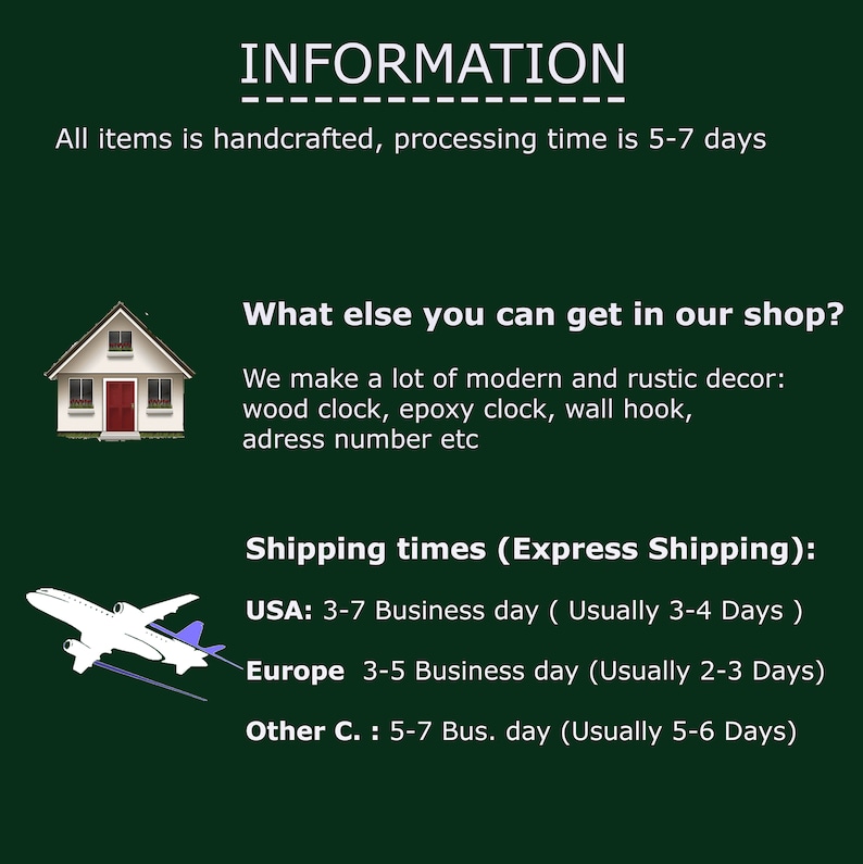 Puede incluir: Un gr&aacute;fico verde oscuro con texto blanco que dice "INFORMATION". El texto de abajo indica que todos los art&iacute;culos est&aacute;n hechos a mano y el tiempo de procesamiento es de 5 a 7 d&iacute;as. Texto adicional describe la decoraci&oacute;n de la tienda.