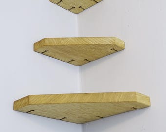 Oak Wood Corner Plant Shelf: Floating Wall Decor