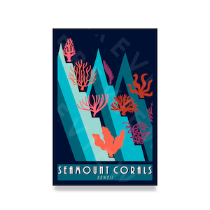 May include: A blue and teal abstract graphic design with coral and seaweed imagery. The text "Seamount Corals Hawaii" is at the bottom of the design.
