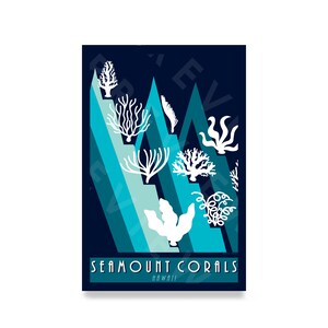 May include: A poster featuring a stylized illustration of white coral formations against a backdrop of blue and teal geometric shapes. The text "SEAMOUNT CORALS HAWAII" is at the bottom, with a dark blue background.