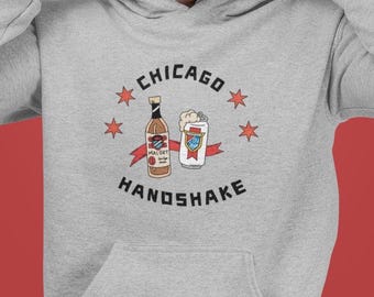 Chicago Handshake Hoodie, Malort Drinking Sweatshirt, Cocktail Shirt, Chicago Illinois, Old Style Beer, Unisex Men Women Hoody