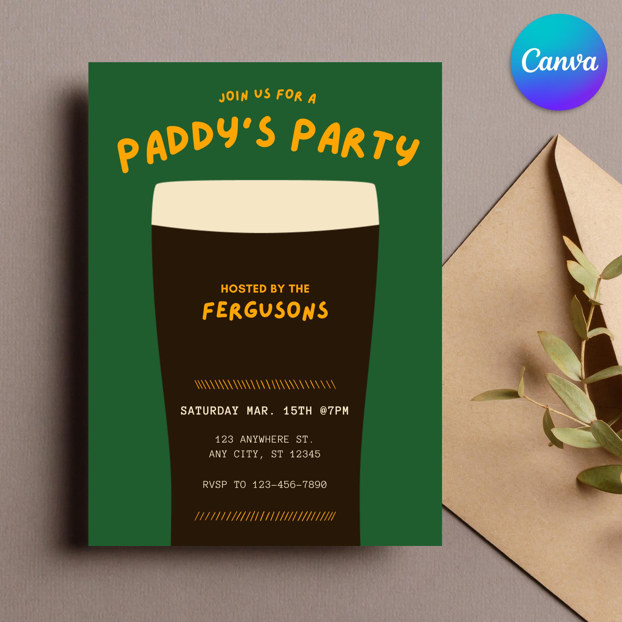 Party Invite - St. Patricks Day Invitation, Editable Canva Template for Paddys Day Party, Fun & Stylish Design, Instant Download