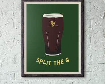 Pôster da Guinness, "Split the G", impressão digital para download, tamanhos 8x10, 11x14, A2, A3 e A4, decoração de parede desenhada à mão, bar em casa, decoração de pub irlandês