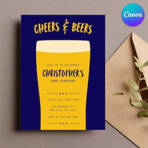 Op de afbeelding: Een blauwe en gele verjaardagsuitnodiging met een bierglasafbeelding. De tekst luidt "Cheers & Beers" en "Join us to celebrate Christopher's 35th Birthday". De uitnodiging bevat de datum, tijd, adres en RSVP-informatie.