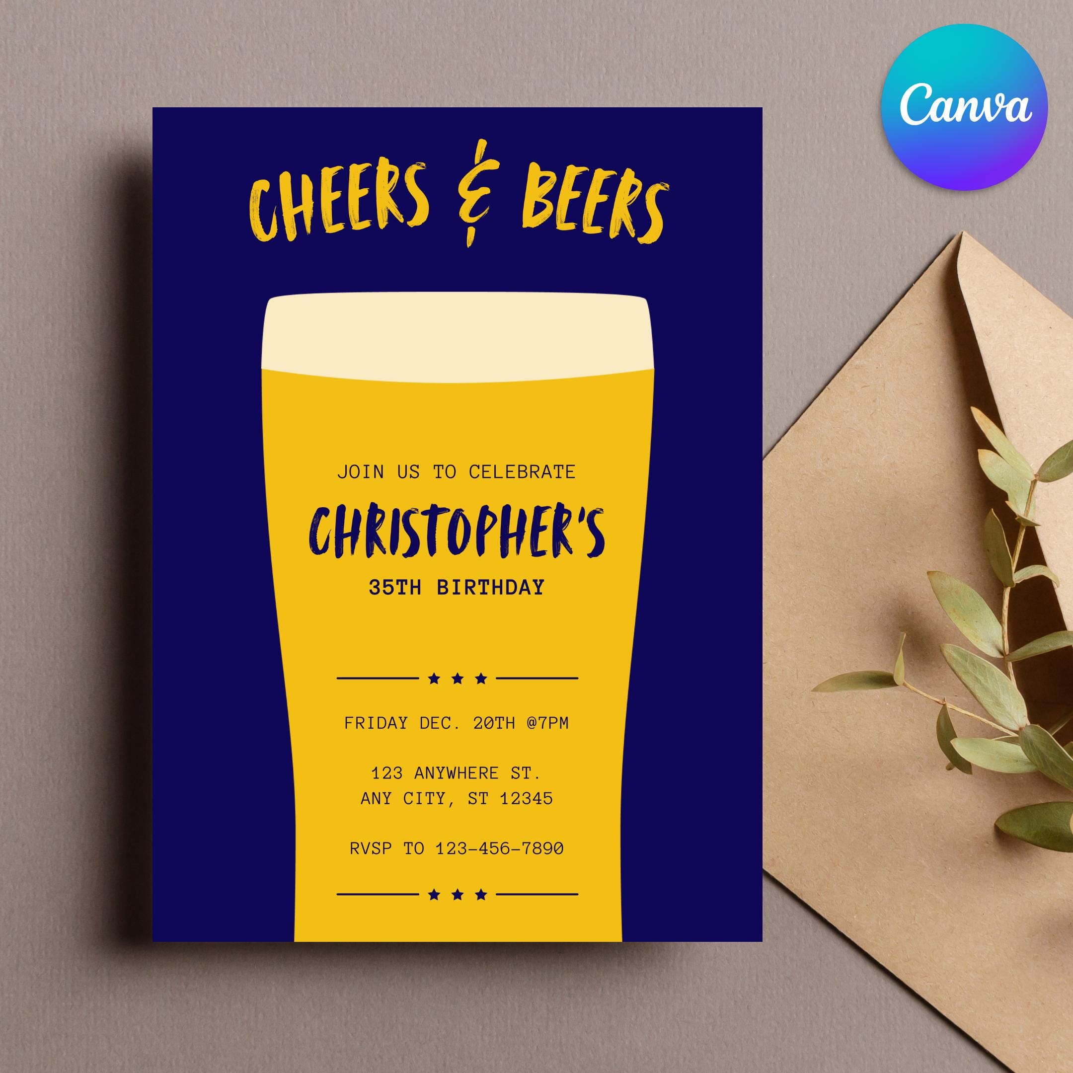 Party Invite - Beer Birthday Invitation, Editable Canva Template for Men's Brewery Party, Instant Download Design