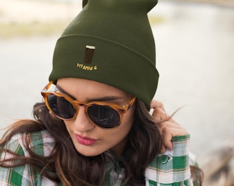 Embroidered Vitamin G Guinness Knit Beanie, Beer Hat, Beanie Cap, Irish Winter Headwear, Green Winter Hat