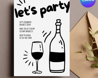 Wine Birthday Invitation – Editable Canva Template for Cocktail Party, Instant Digital Download