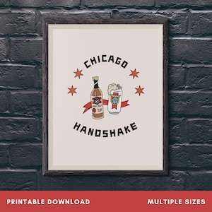 Plakat Chicago Handshake, cyfrowy wydruk artystyczny do pobrania, Malort & Old Style, rozmiary 8x10 11x14 A2 A3 A4, ręcznie rysowana dekoracja ścienna, dekoracja wózka barowego