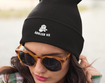 Abolish ICE Knit Beanie, Embroidered Cuffed Beanie, Unisex Hat, Anti-Trump, Immigrant Rights, Activism Beanie