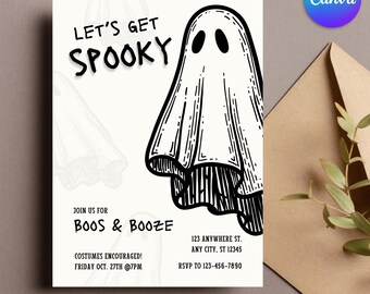 Halloween Invitation, Hand-Drawn Ghost Design, Editable Canva Template, 5x7 Digital Download