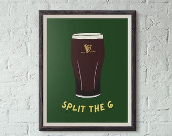 Guinness Poster, "Split the G" Hand-Drawn Art Print, 8x10 11x14 A3 A4 sizes, Wall Decor, Home Bar, Irish Pub Decoration