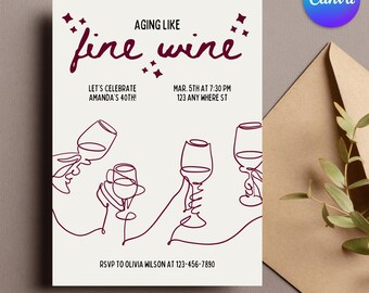 Wine Birthday Invitation – Editable Canva Template for Cocktail Party, Instant Digital Download