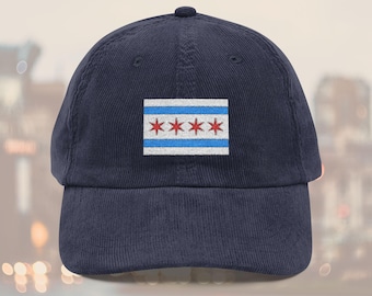 Embroidered Chicago Flag Corduroy Hat, Unisex Adjustable Dad Hat