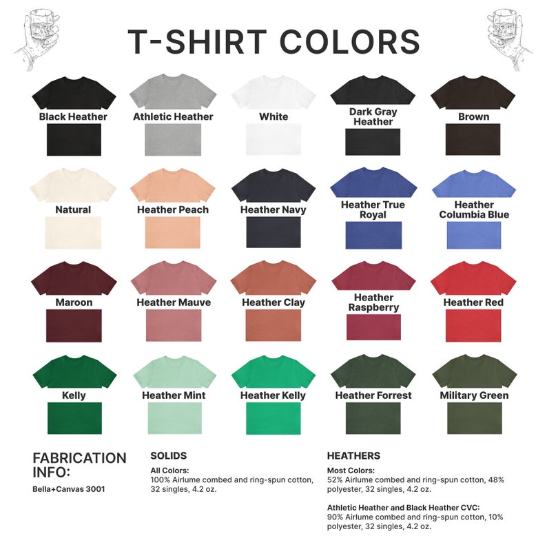 May include: A chart showing different t-shirt colors available for purchase. The chart includes solid colors like white, black, maroon, and kelly green, as well as heather colors like heather peach, heather navy, and heather raspberry. The chart also includes information about the fabric composition and weight of the t-shirts.