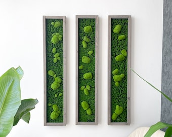 Mossbild/mossvägg/mossväggdekoration "SERRA" 100x20 tillverkad av Realtouch konstmossa i mossgrönt med handgjord granträram
