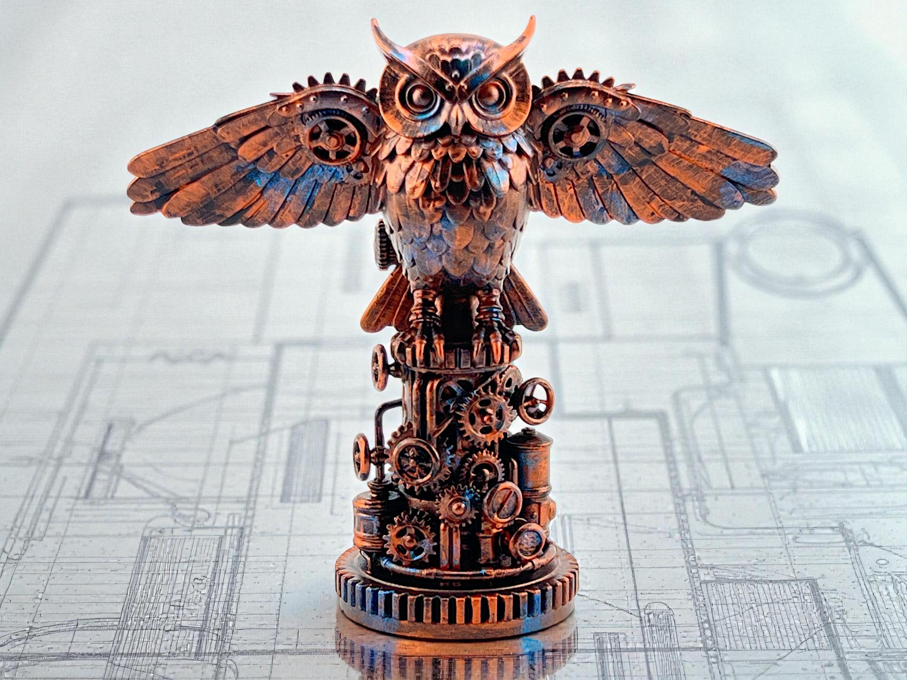 Hand-Painted Steampunk Owl Sculpture Figurine – Copper Patina Industrial Decor