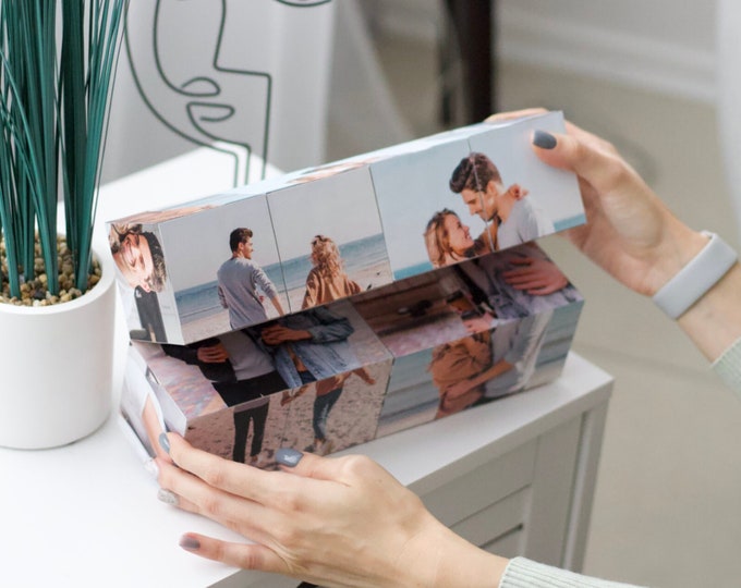 Custom photo collage, wooden photo box, rotating photo cube, couple photo, couples photo gift, couple picture cube, custom photo cube