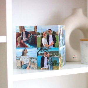 Personalisierter Fotowürfel aus Holz, drehbarer Fotowürfel, fünfjähriges Jubiläumsgeschenk für Paare, Holzjubiläumsgeschenk, Familienandenken