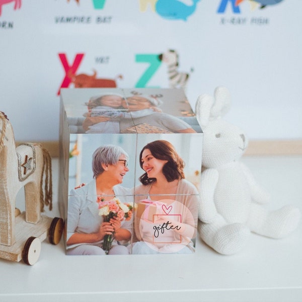 Wood rotating photo cube, custome photo gifts, unique memorial gift grandkids, photo collage, 50th anniversary gift for parents